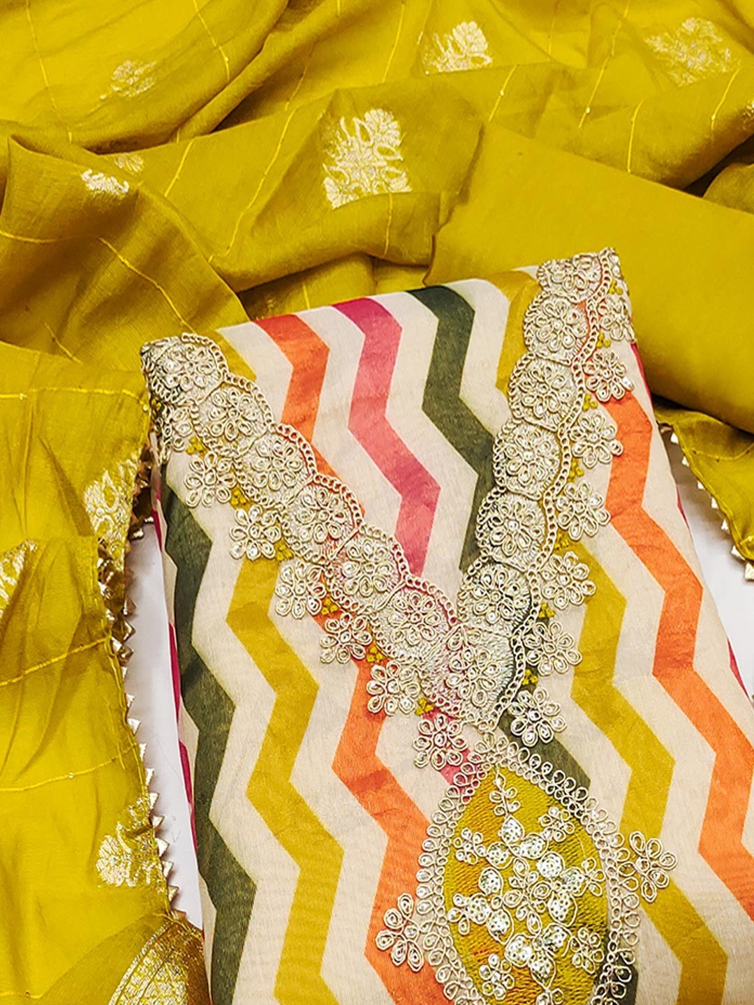 Mustard Shimmer Silk Dress Material Featuring Stylish Zig-Zag Printed Patterns - Image 5