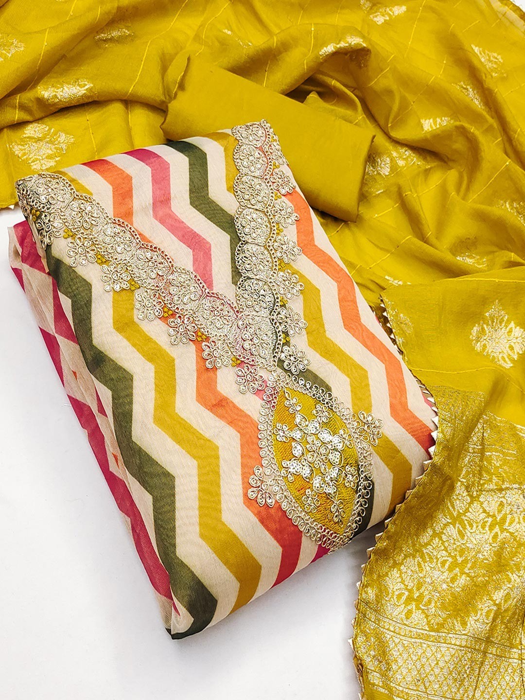 Mustard Shimmer Silk Dress Material Featuring Stylish Zig-Zag Printed Patterns - Image 4
