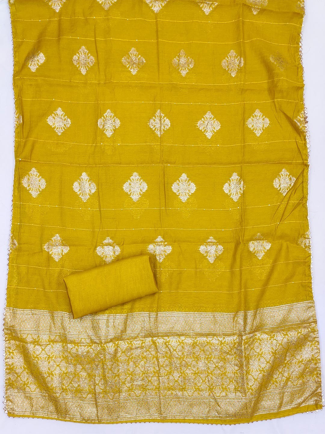 Mustard Shimmer Silk Dress Material Featuring Stylish Zig-Zag Printed Patterns - Image 3
