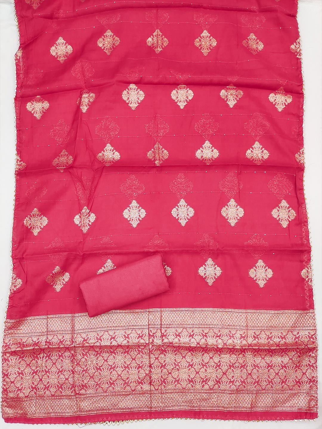 Pink Shimmer Silk Dress Material Featuring Stylish Zig-Zag Printed Patterns - Image 3