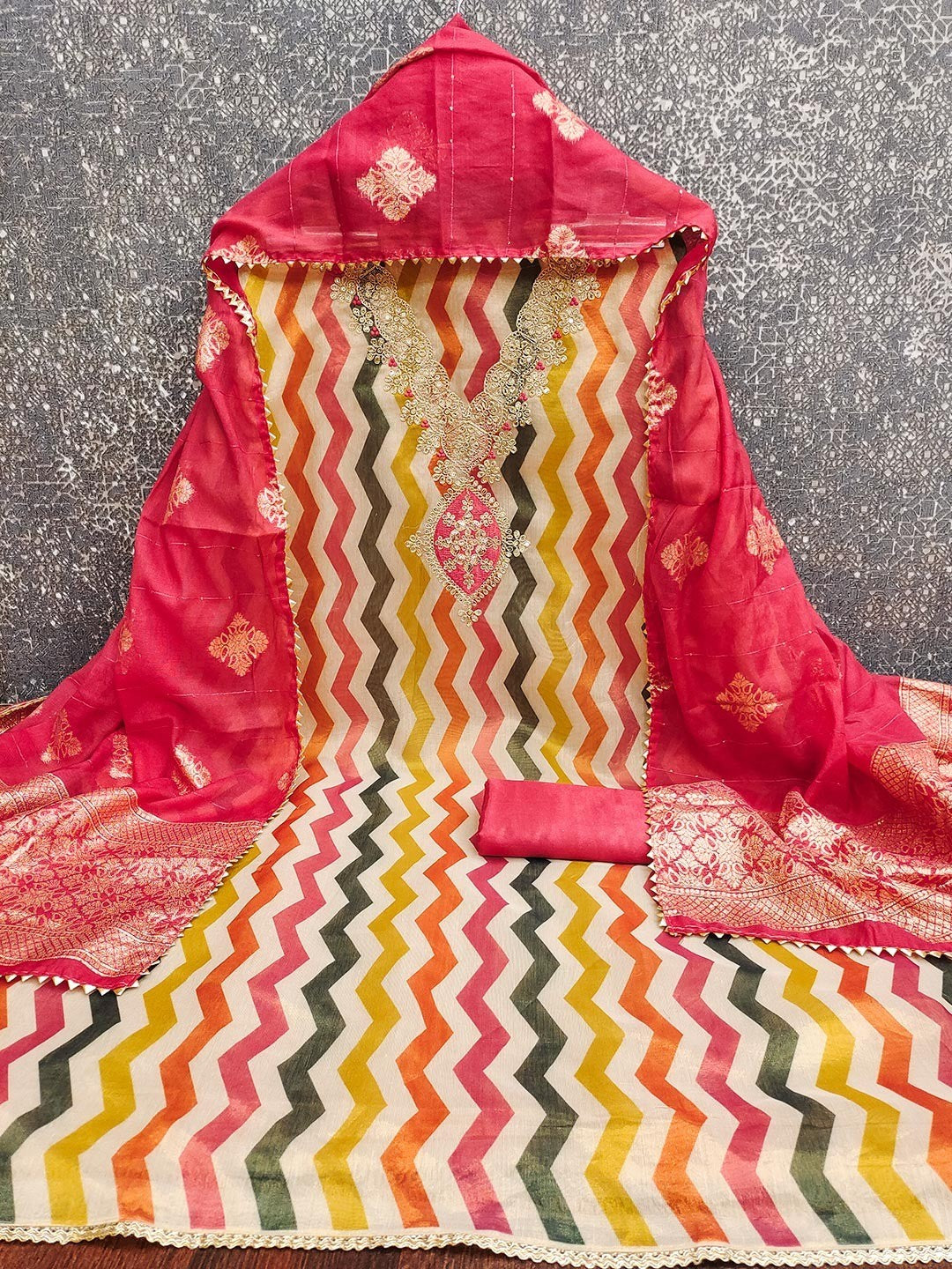 Pink Shimmer Silk Dress Material Featuring Stylish Zig-Zag Printed Patterns - Image 2