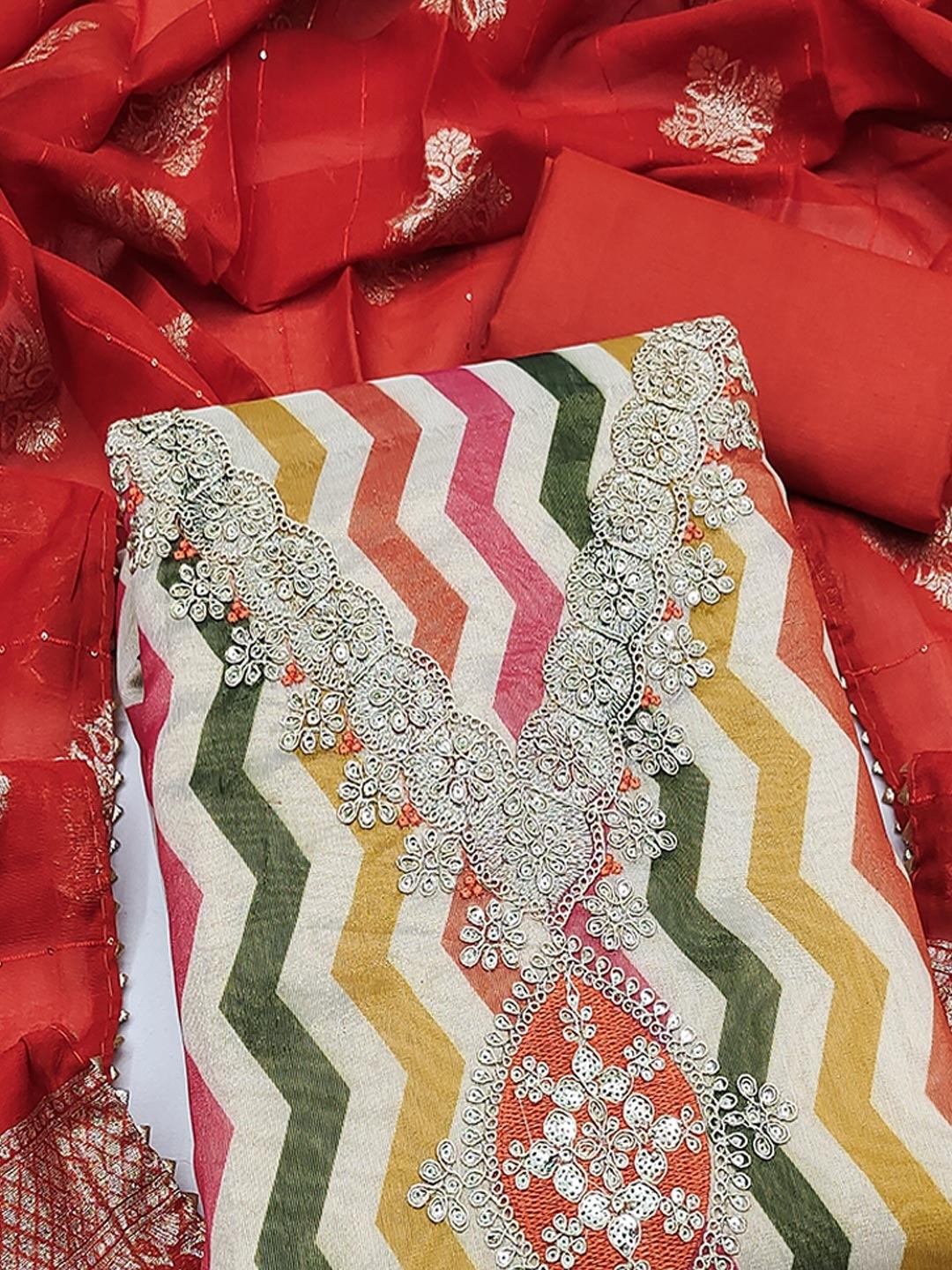 Red Shimmer Silk Dress Material Featuring Stylish Zig-Zag Printed Patterns - Image 2