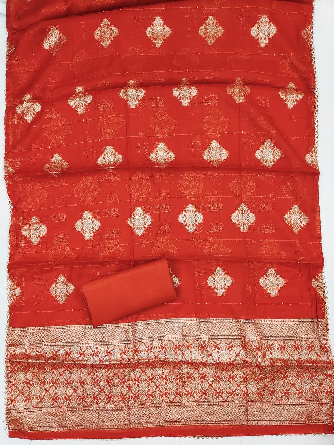 Red Shimmer Silk Dress Material Featuring Stylish Zig-Zag Printed Patterns - Image 4