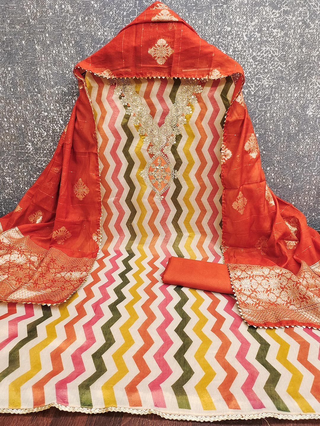 Red Shimmer Silk Dress Material Featuring Stylish Zig-Zag Printed Patterns - Image 5