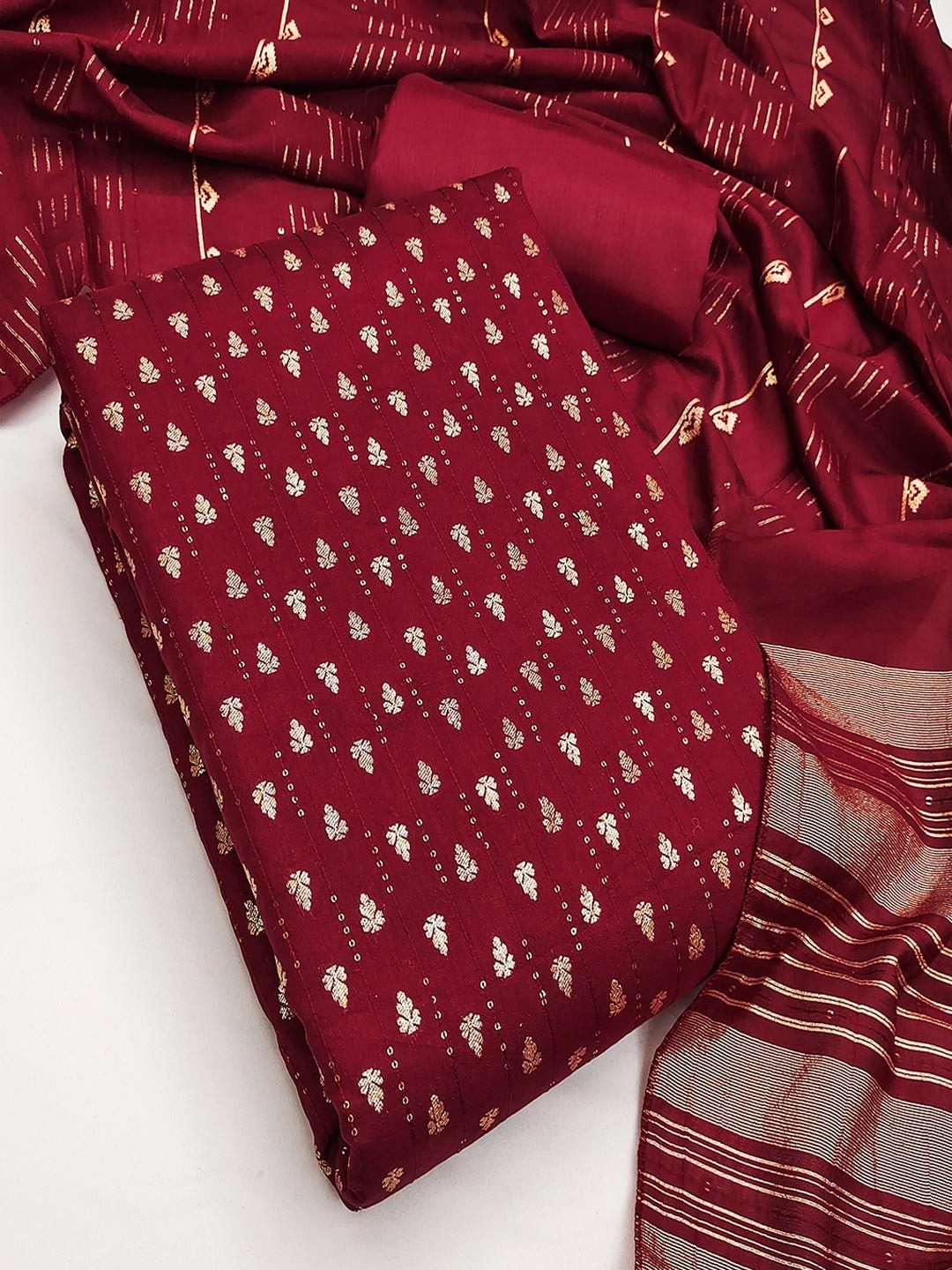 Maroon Zari Woven Chanderi Jacquard Fabric Dress Material for Graceful Ethnic Wear - Image 4