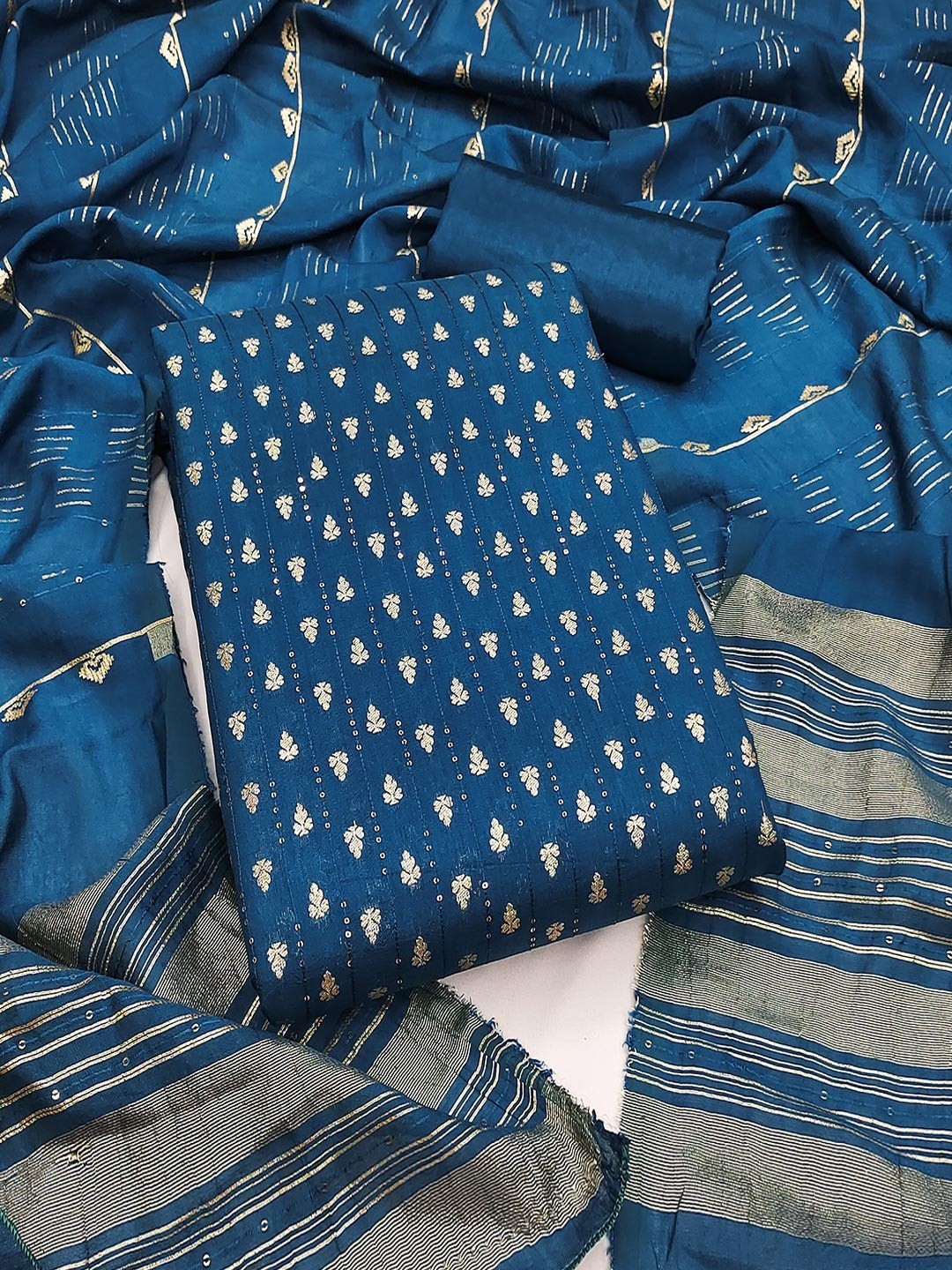 Teal Zari Woven Chanderi Jacquard Fabric Dress Material for Graceful Ethnic Wear - Image 1