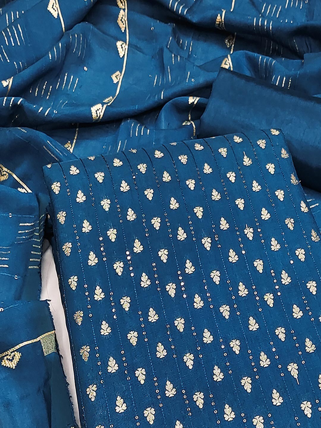 Teal Zari Woven Chanderi Jacquard Fabric Dress Material for Graceful Ethnic Wear - Image 4