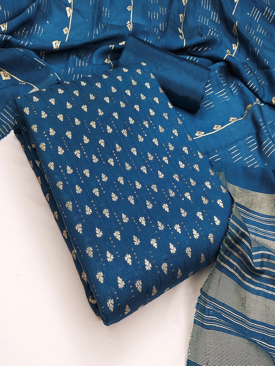 Teal Zari Woven Chanderi Jacquard Fabric Dress Material for Graceful Ethnic Wear - Image 3