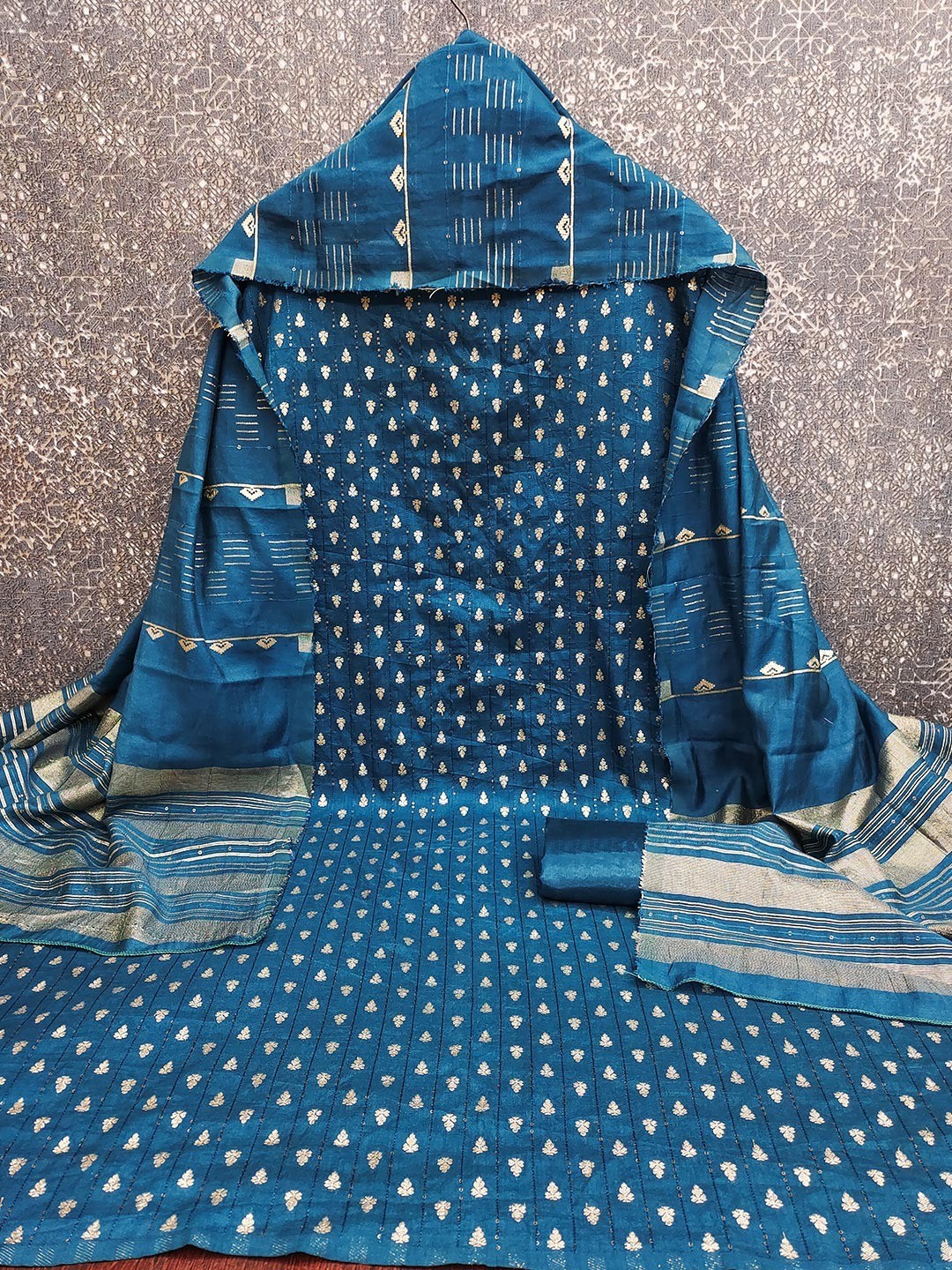 Teal Zari Woven Chanderi Jacquard Fabric Dress Material for Graceful Ethnic Wear - Image 2
