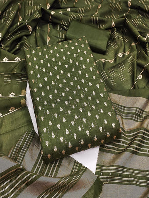 Green Zari Woven Chanderi Jacquard Fabric Dress Material for Graceful Ethnic Wear - Image 1