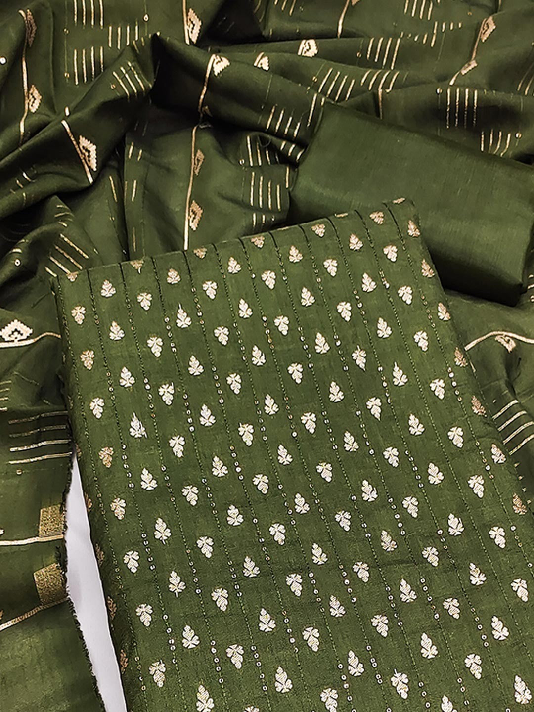 Green Zari Woven Chanderi Jacquard Fabric Dress Material for Graceful Ethnic Wear - Image 4