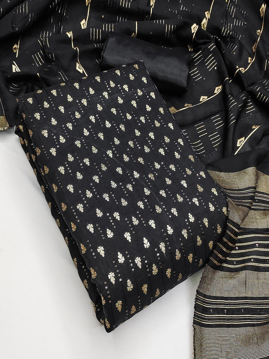 Black Zari Woven Chanderi Jacquard Fabric Dress Material for Graceful Ethnic Wear - Image 1