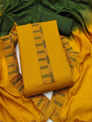 Yellow Cotton Blend Dress Material with Intricate Embroidered Yoke and Ombre-Shaded Dupatta - Image 1