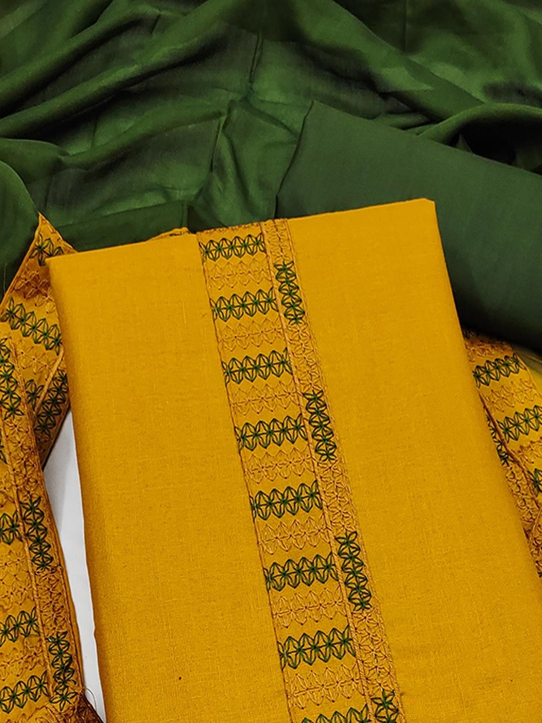 Yellow Cotton Blend Dress Material with Intricate Embroidered Yoke and Ombre-Shaded Dupatta - Image 3