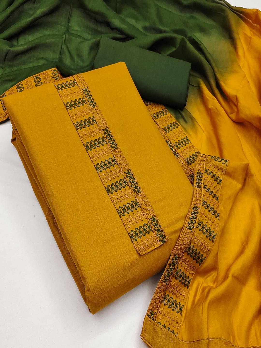 Yellow Cotton Blend Dress Material with Intricate Embroidered Yoke and Ombre-Shaded Dupatta - Image 2