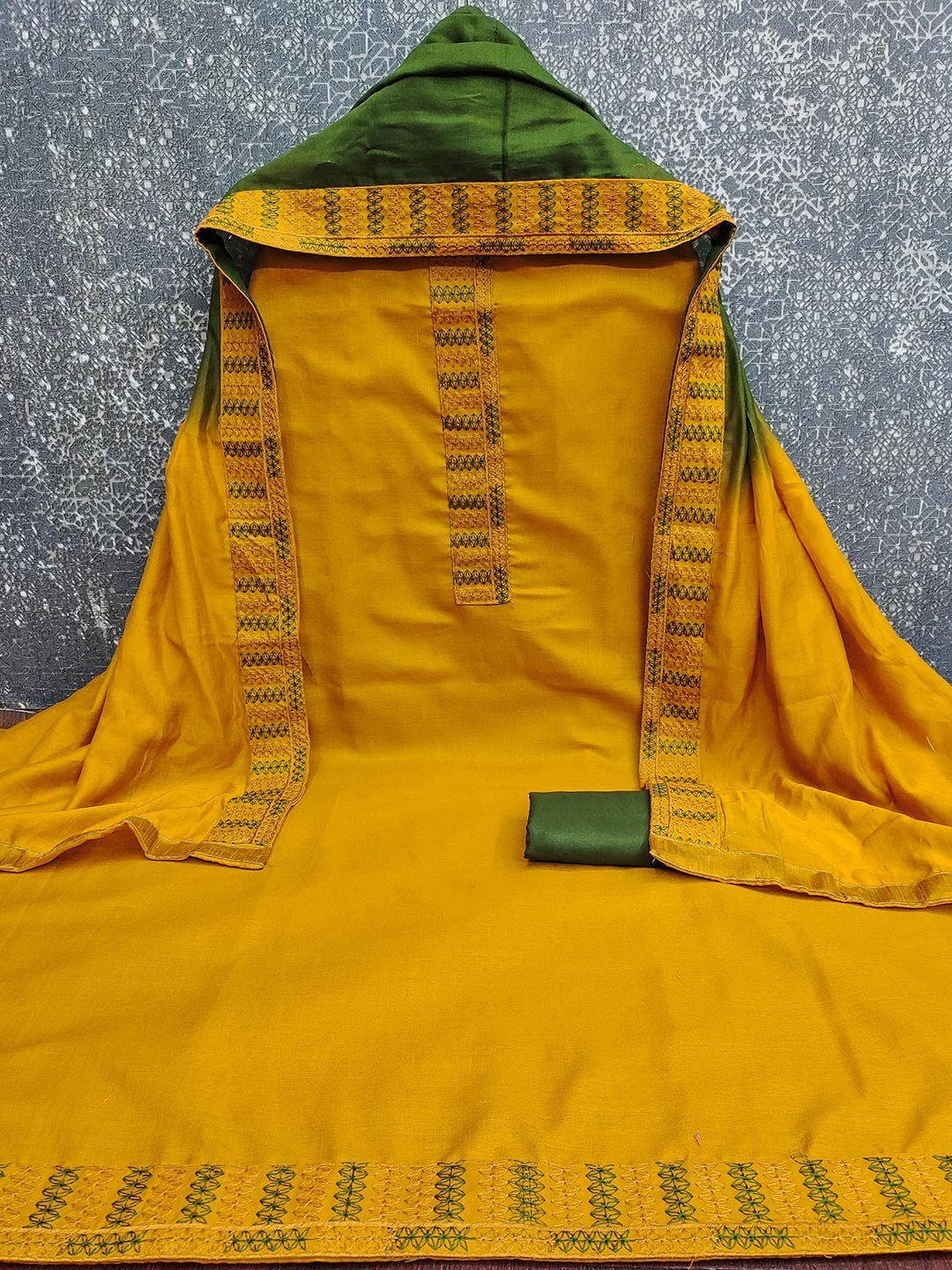 Yellow Cotton Blend Dress Material with Intricate Embroidered Yoke and Ombre-Shaded Dupatta - Image 6