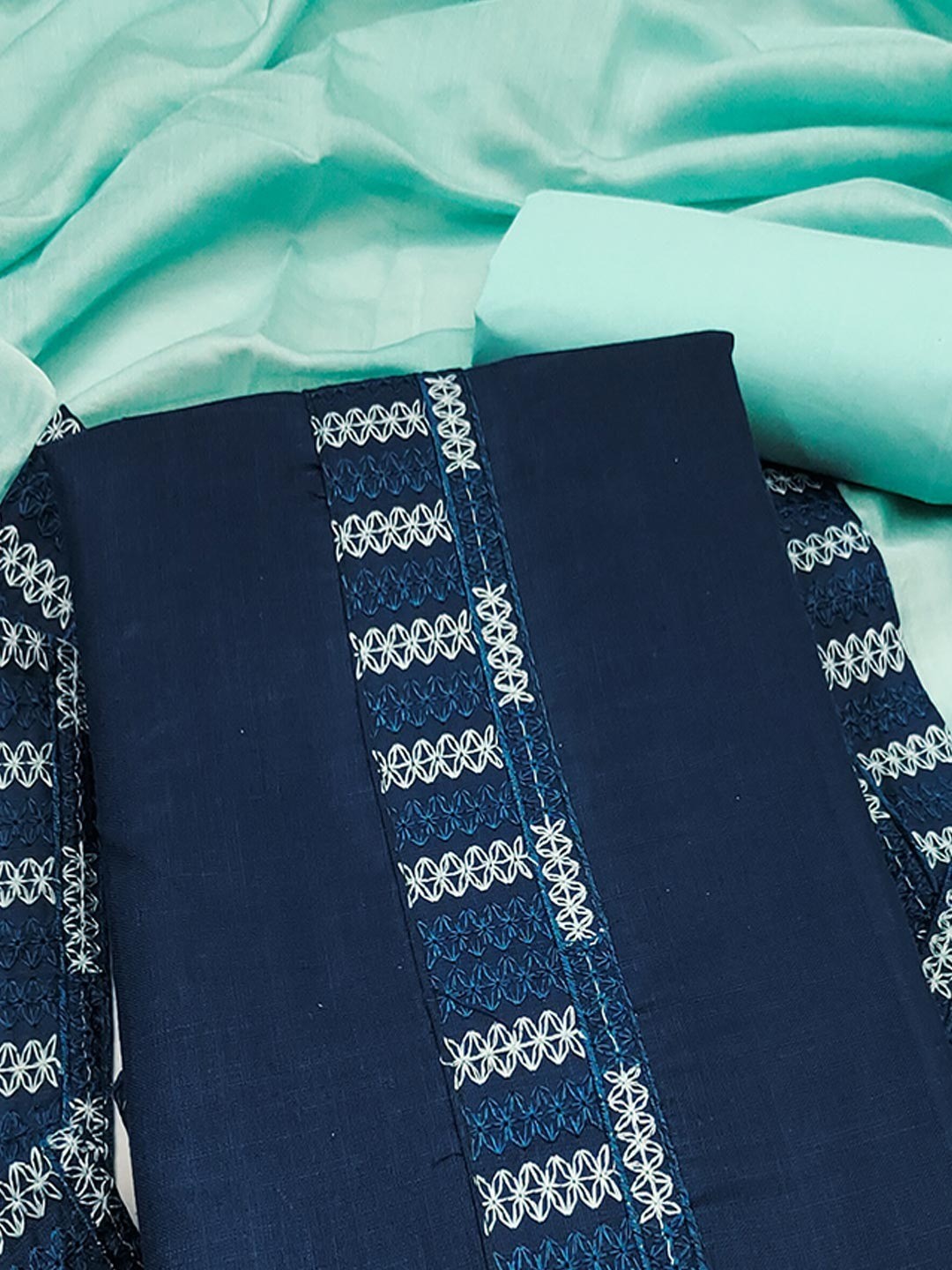 Blue Cotton Blend Dress Material with Intricate Embroidered Yoke and Ombre-Shaded Dupatta - Image 4