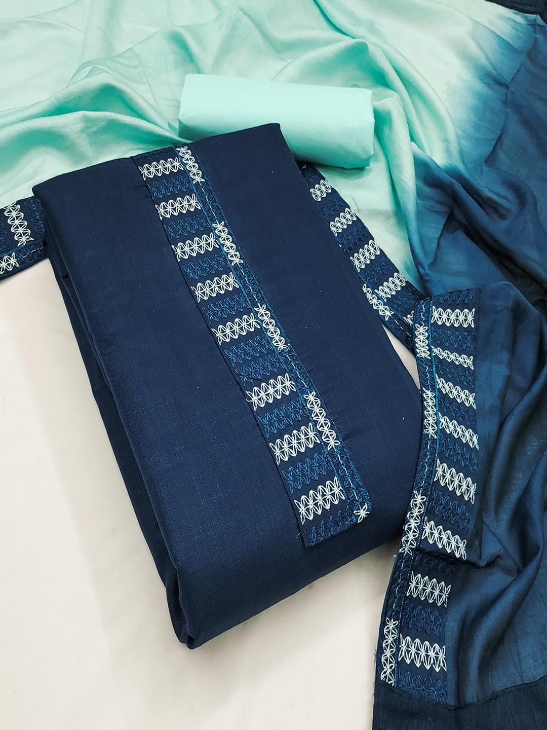 Blue Cotton Blend Dress Material with Intricate Embroidered Yoke and Ombre-Shaded Dupatta - Image 3