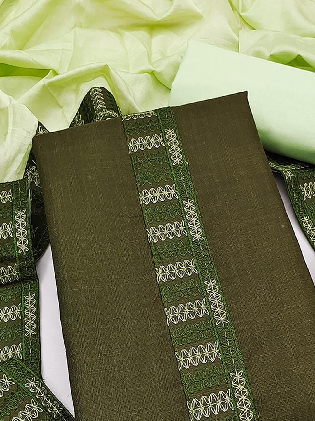 Green Cotton Blend Dress Material with Intricate Embroidered Yoke and Ombre-Shaded Dupatta - Image 5