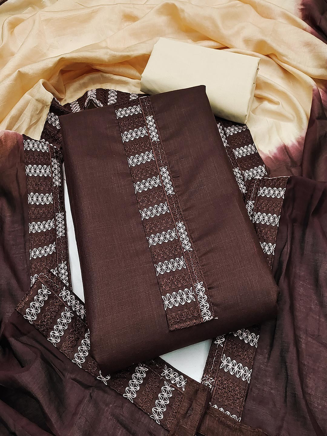 Brown Cotton Blend Dress Material with Intricate Embroidered Yoke and Ombre-Shaded Dupatta - Image 1