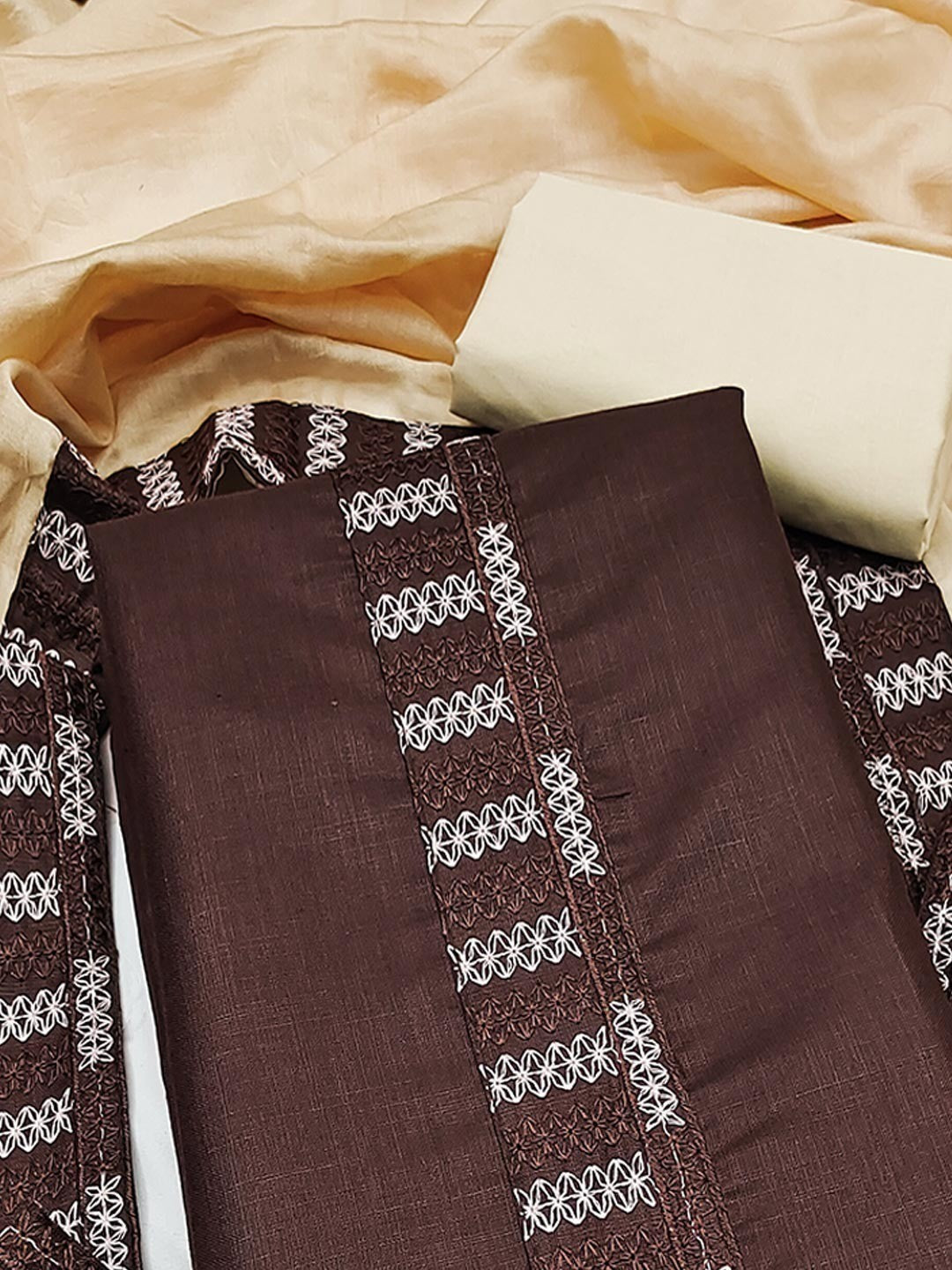 Brown Cotton Blend Dress Material with Intricate Embroidered Yoke and Ombre-Shaded Dupatta - Image 5