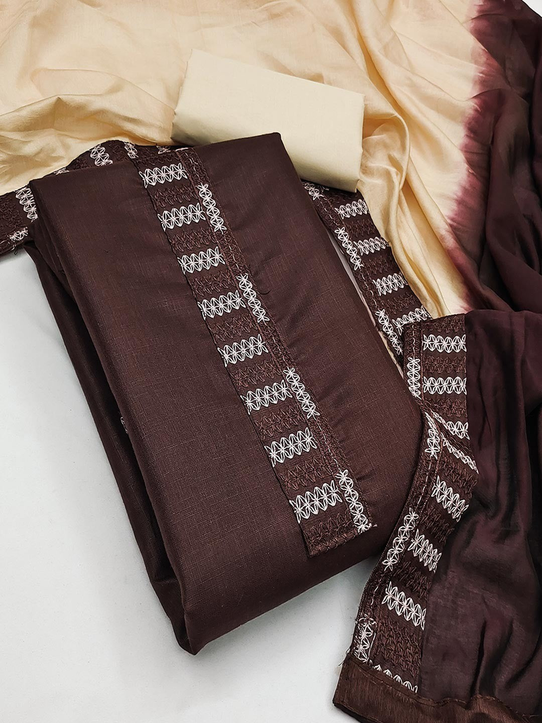 Brown Cotton Blend Dress Material with Intricate Embroidered Yoke and Ombre-Shaded Dupatta - Image 4