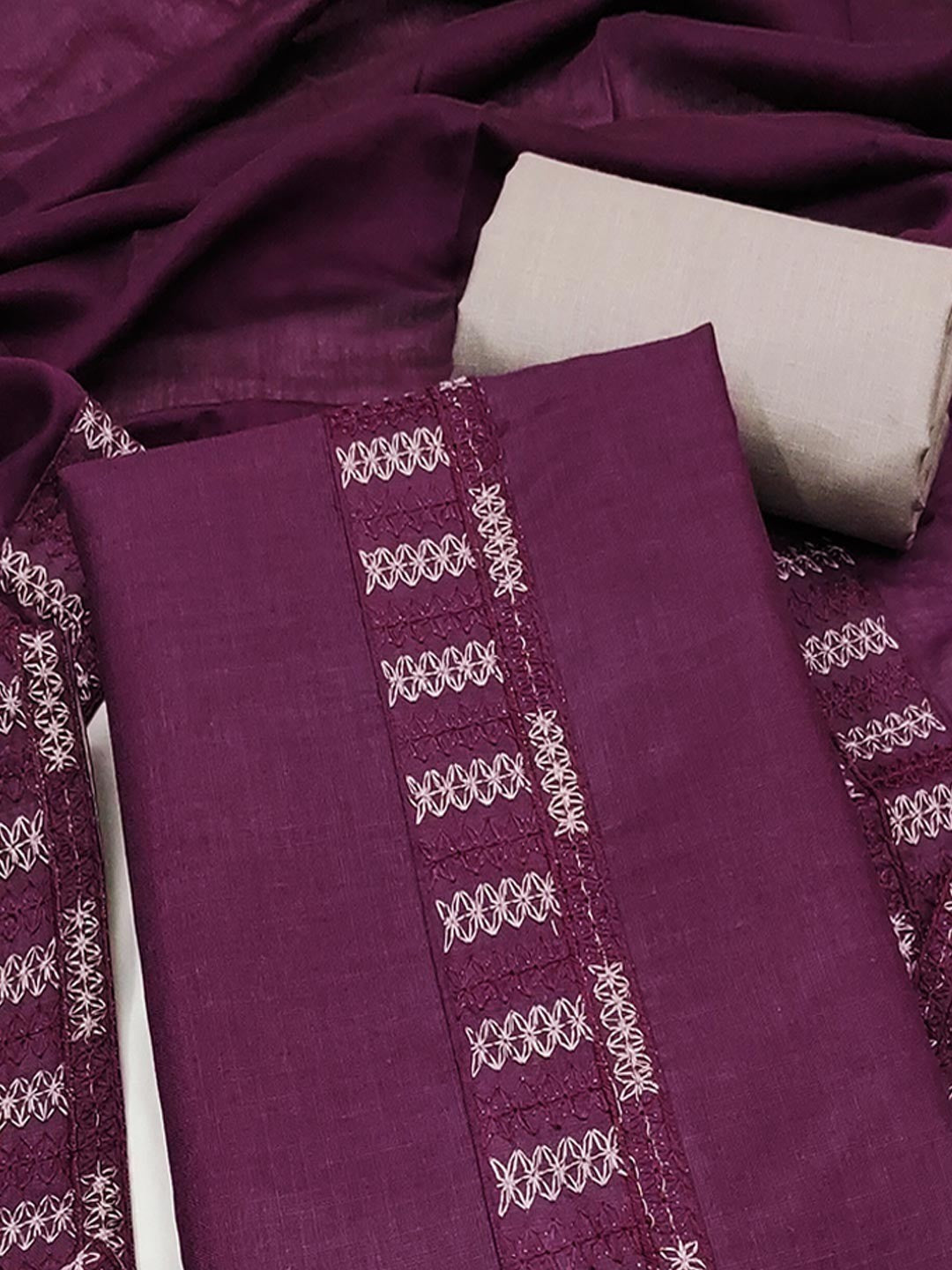 Purple Cotton Blend Dress Material with Intricate Embroidered Yoke and Ombre-Shaded Dupatta - Image 5