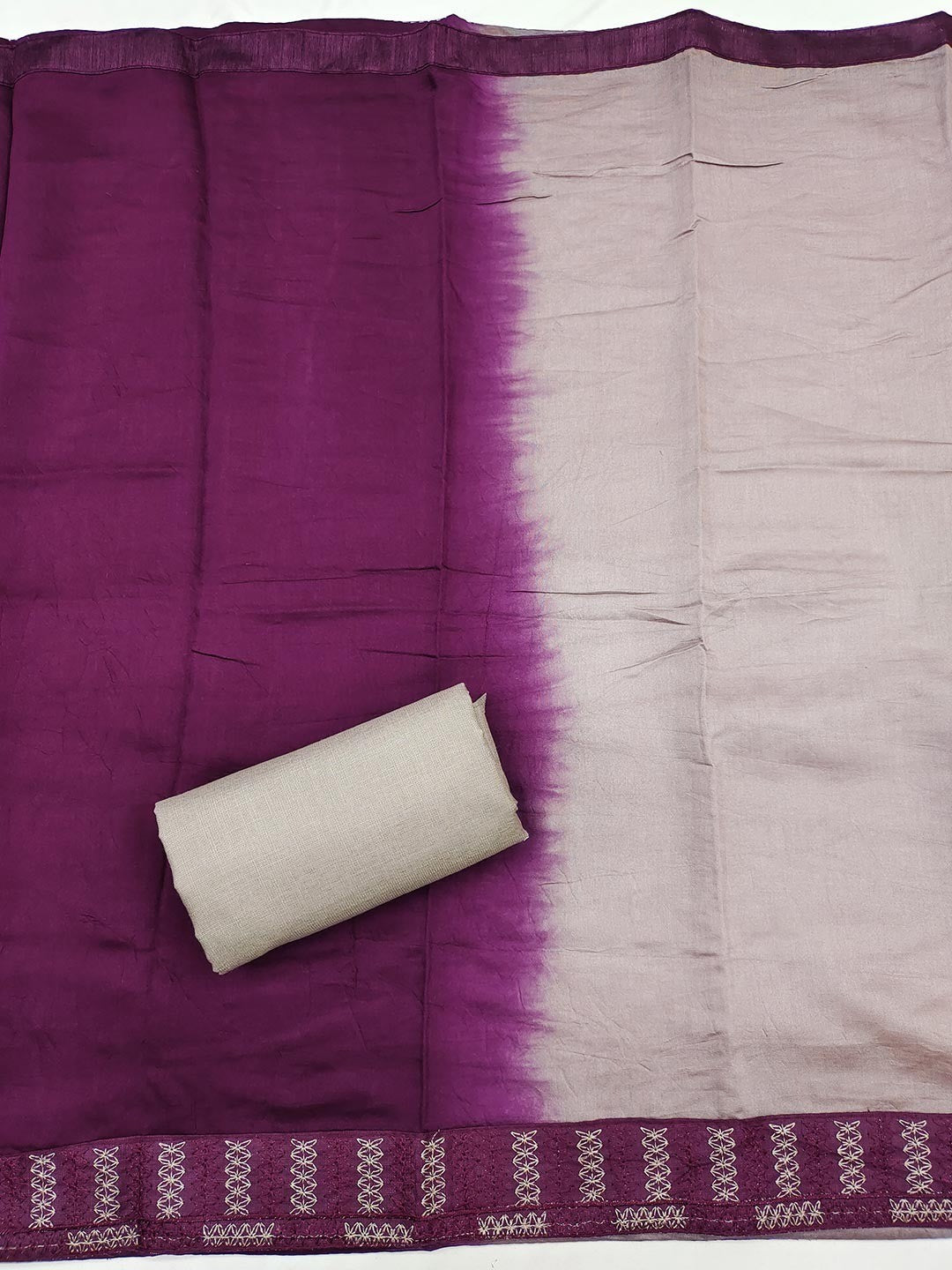 Purple Cotton Blend Dress Material with Intricate Embroidered Yoke and Ombre-Shaded Dupatta - Image 3