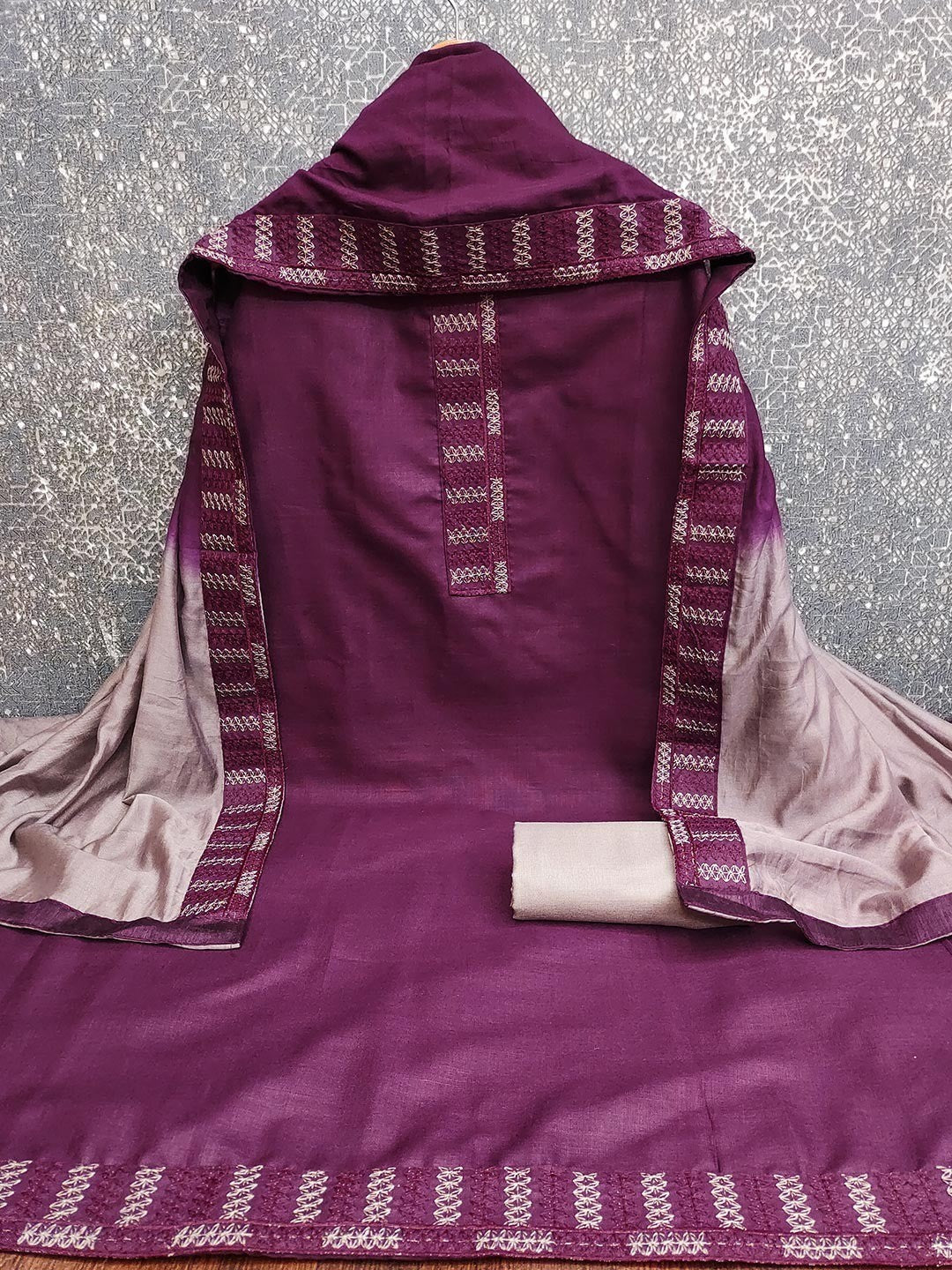 Purple Cotton Blend Dress Material with Intricate Embroidered Yoke and Ombre-Shaded Dupatta - Image 2