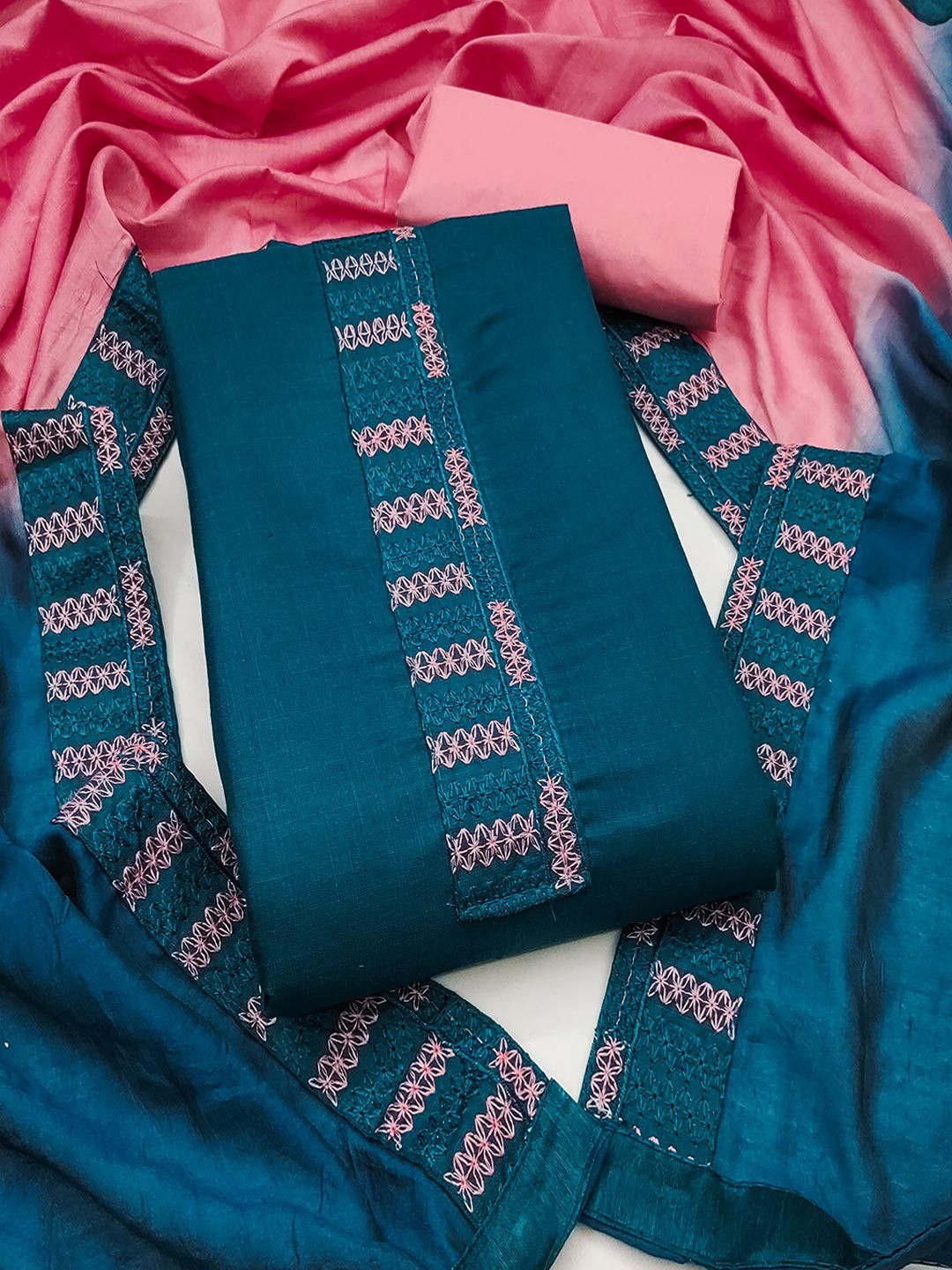Teal Cotton Blend Dress Material with Intricate Embroidered Yoke and Ombre-Shaded Dupatta - Image 1