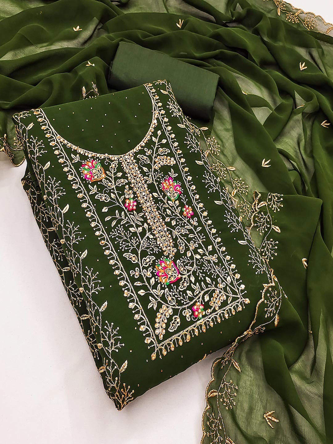 Green Designer Georgette Dress Material Adorned with Fine Golden Thread Embroidery - Image 4