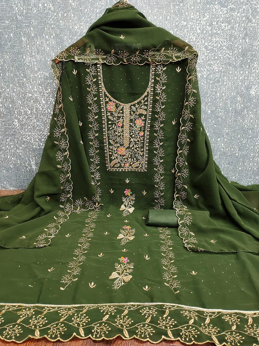 Green Designer Georgette Dress Material Adorned with Fine Golden Thread Embroidery - Image 2