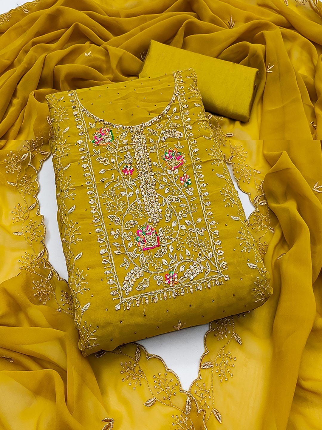 Mustard Designer Georgette Dress Material Adorned with Fine Golden Thread Embroidery - Image 1