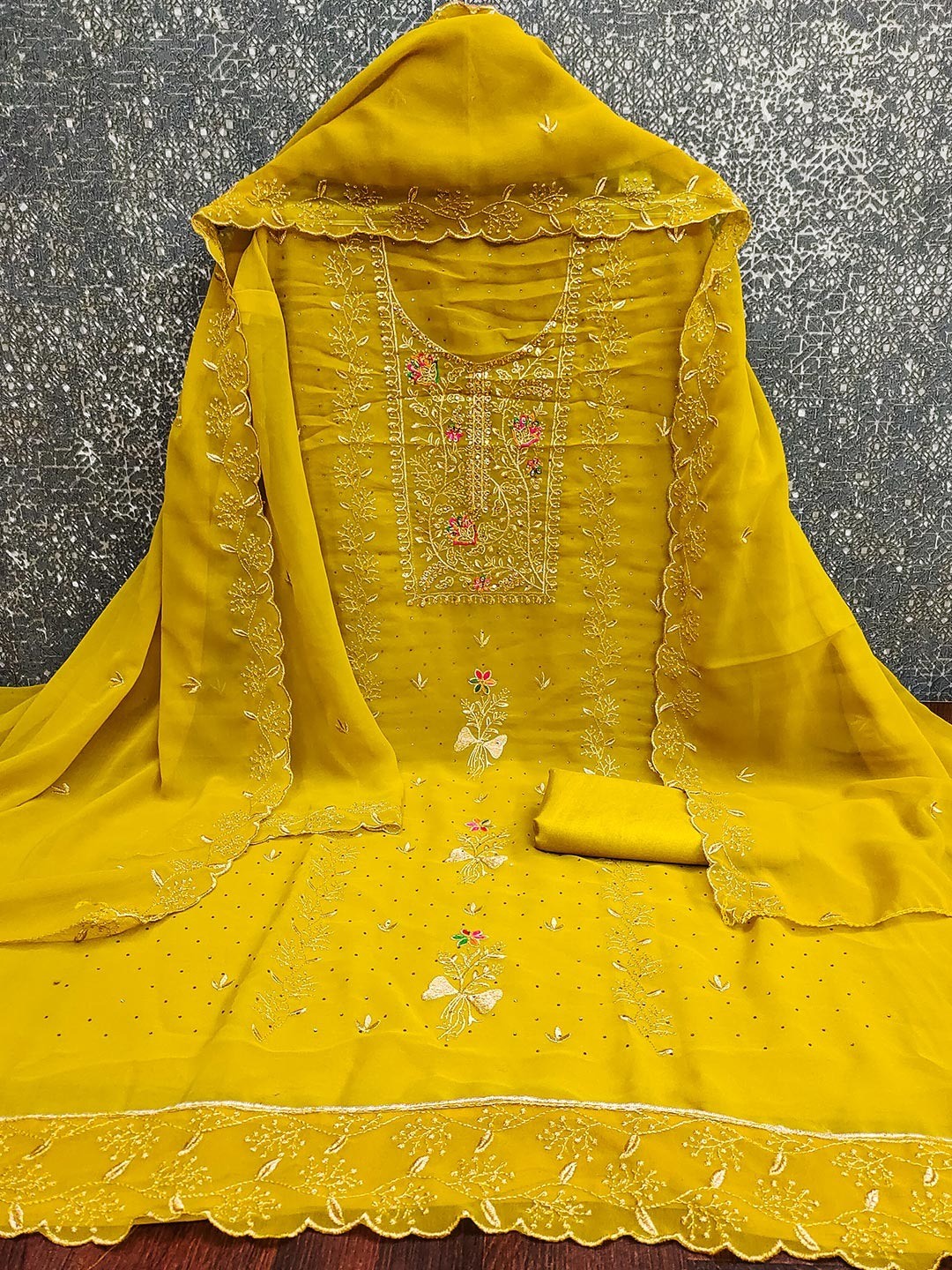 Mustard Designer Georgette Dress Material Adorned with Fine Golden Thread Embroidery - Image 2