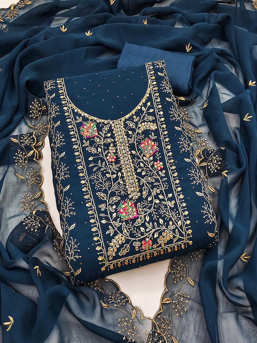 Blue Designer Georgette Dress Material Adorned with Fine Golden Thread Embroidery - Image 1