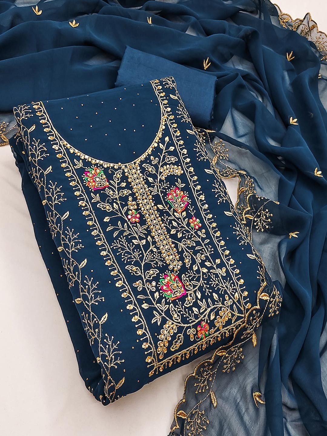 Blue Designer Georgette Dress Material Adorned with Fine Golden Thread Embroidery - Image 4