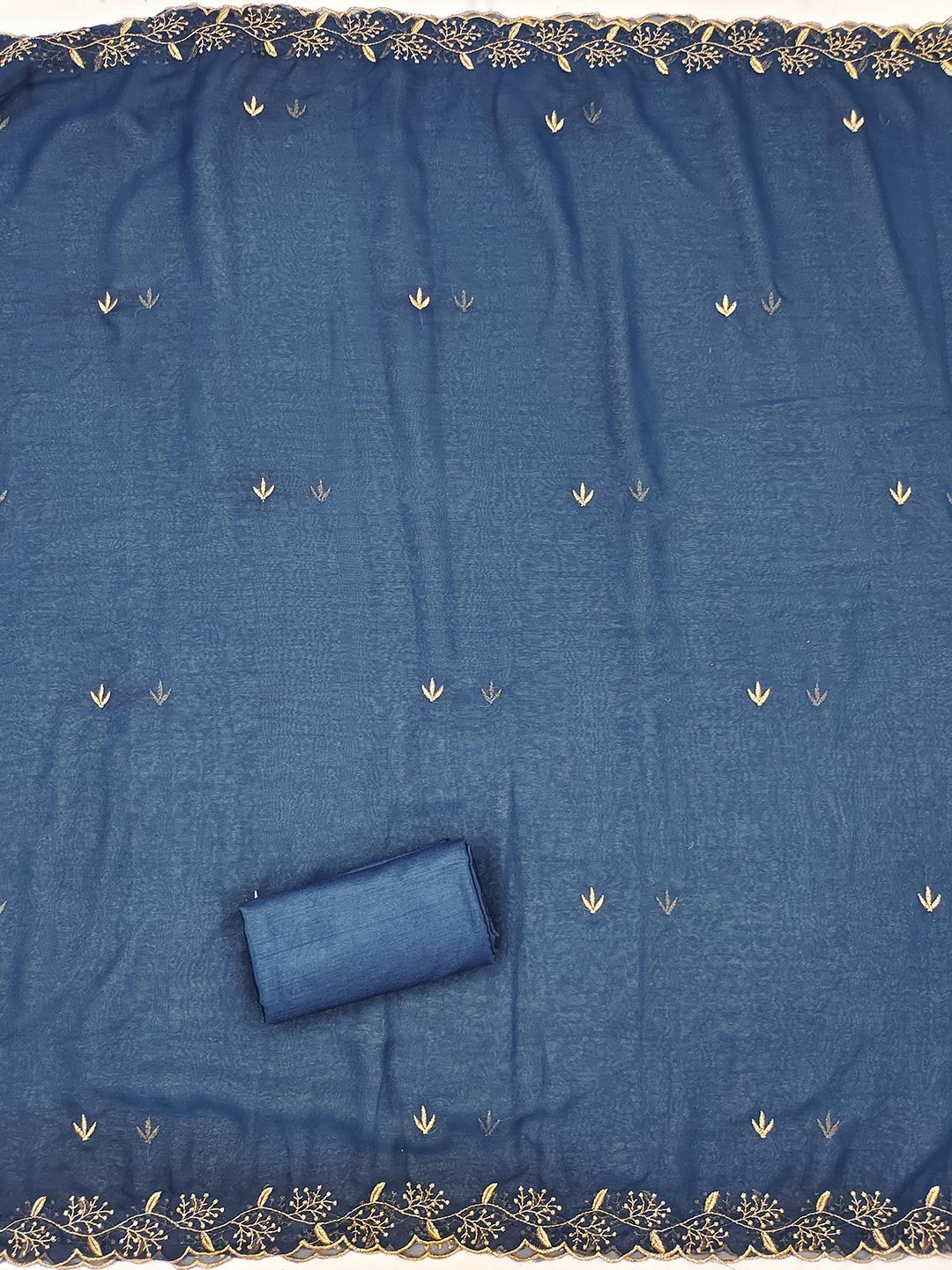 Blue Designer Georgette Dress Material Adorned with Fine Golden Thread Embroidery - Image 3
