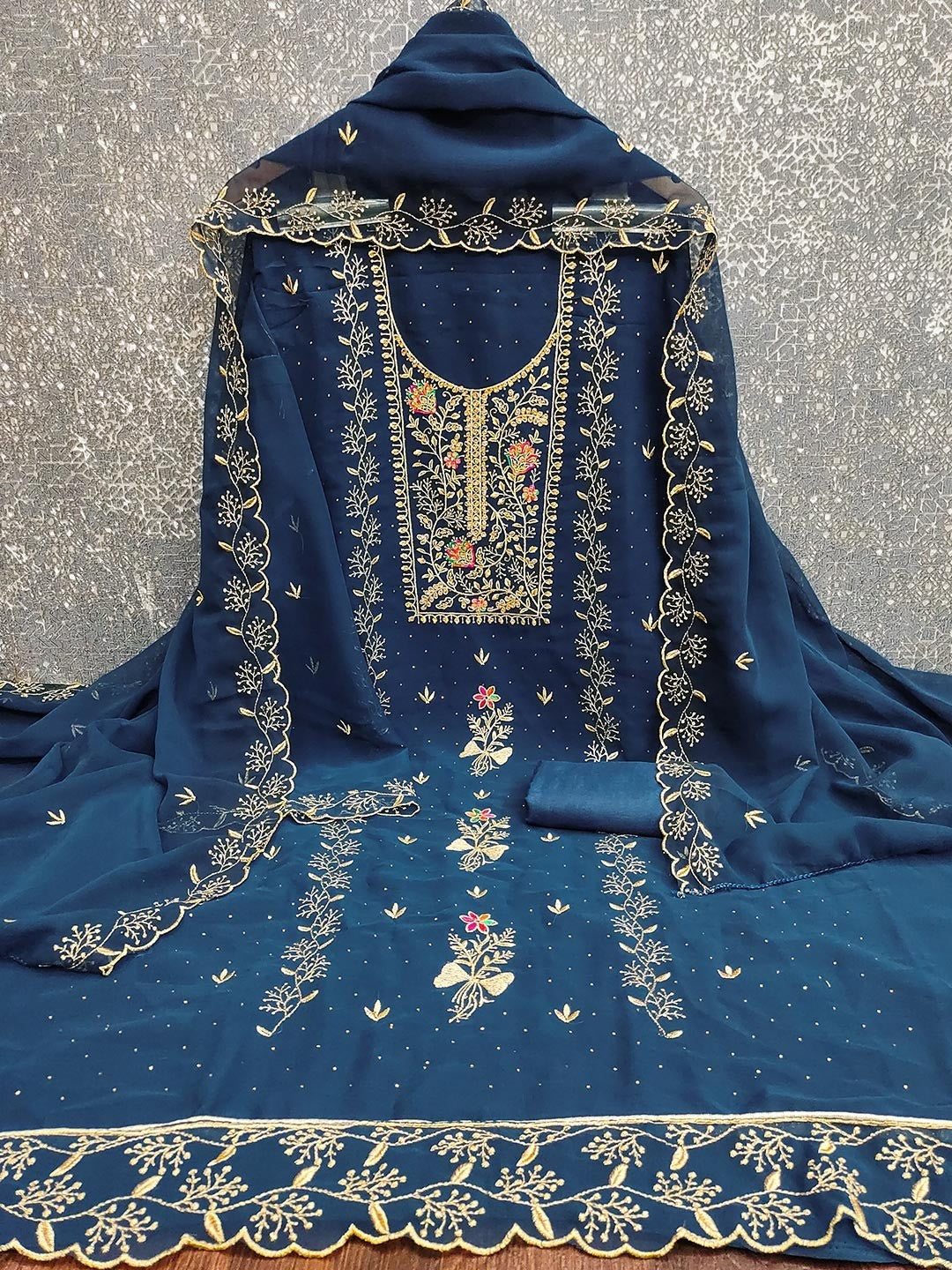 Blue Designer Georgette Dress Material Adorned with Fine Golden Thread Embroidery - Image 2