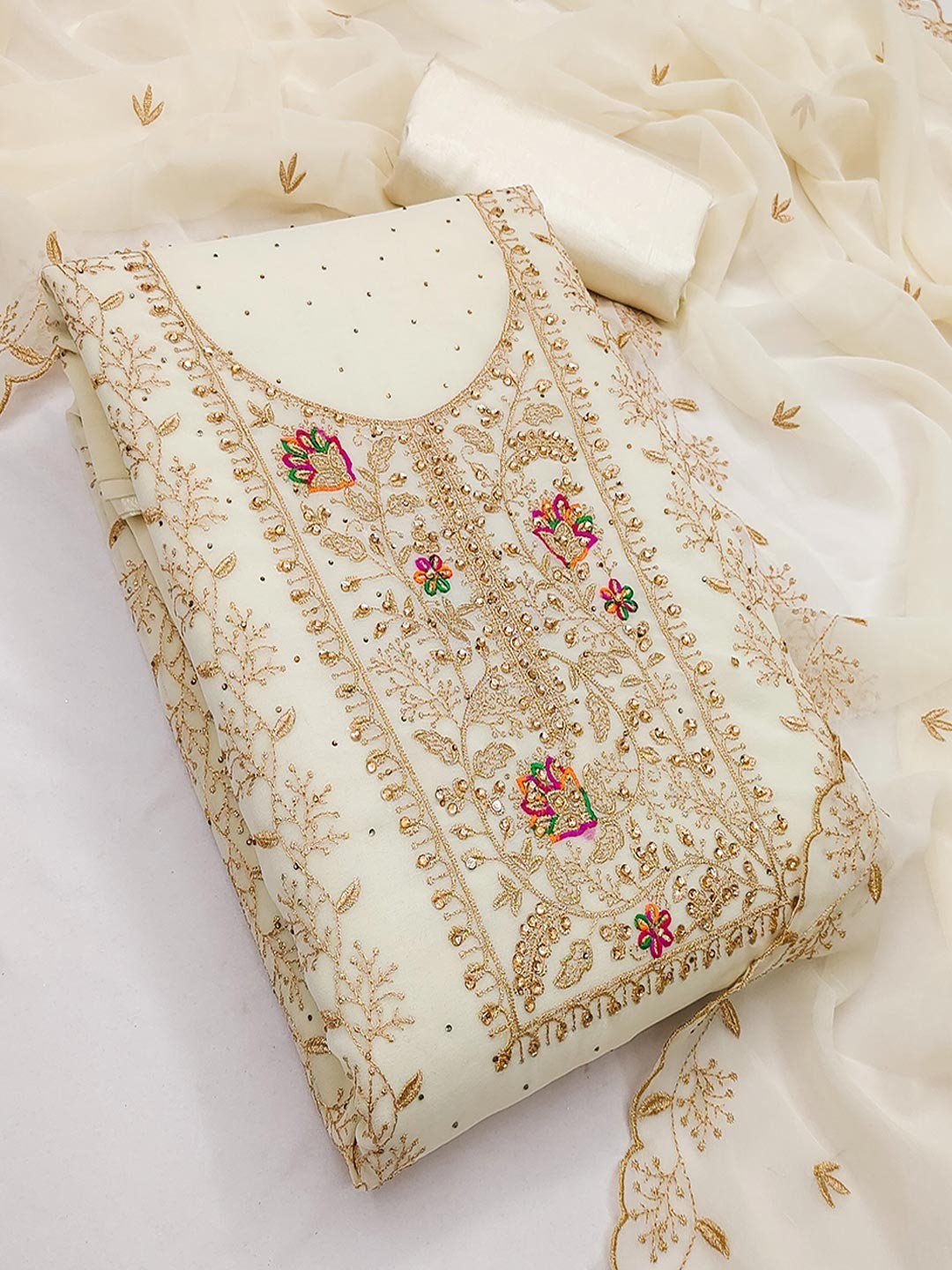 Cream Designer Georgette Dress Material Adorned with Fine Golden Thread Embroidery - Image 4