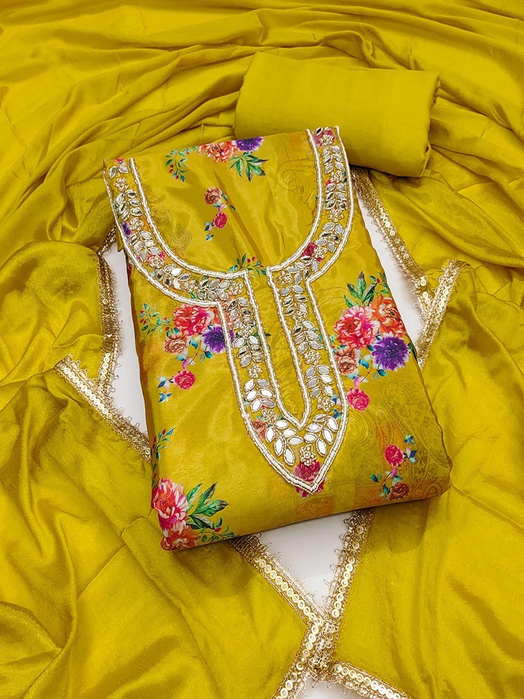 Mustard Floral Printed With Mirror Hand Work On Neck Chinon Silk Dress Material - Image 1