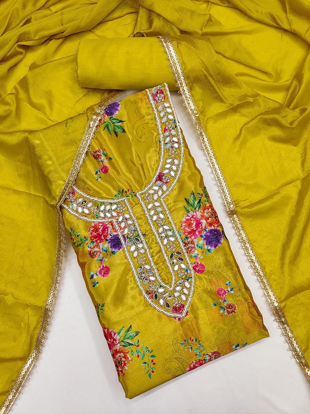 Mustard Floral Printed With Mirror Hand Work On Neck Chinon Silk Dress Material - Image 3
