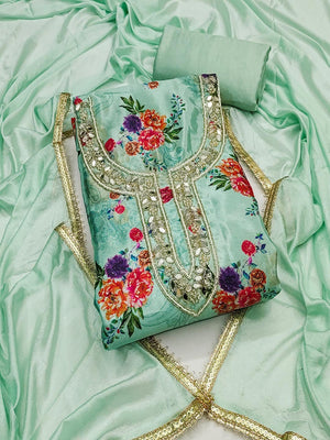 Green Floral Printed With Mirror Hand Work On Neck Chinon Silk Dress Material - Image 1