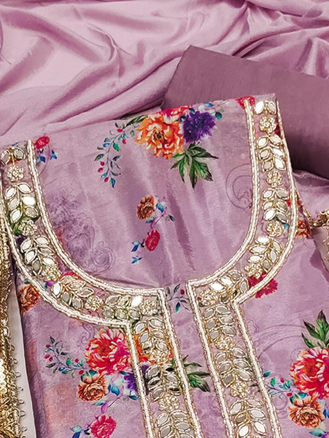 Lavender Floral Printed With Mirror Hand Work On Neck Chinon Silk Dress Material - Image 4
