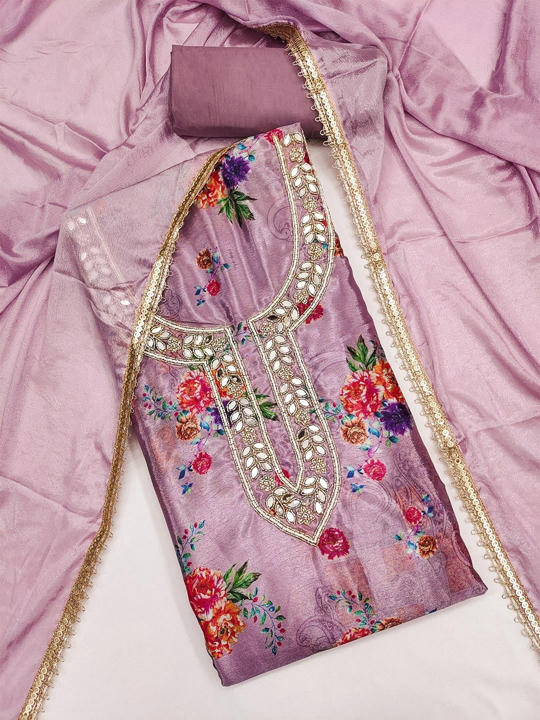 Lavender Floral Printed With Mirror Hand Work On Neck Chinon Silk Dress Material - Image 3