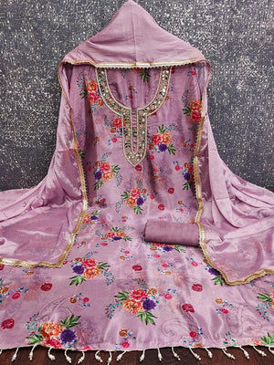 Lavender Floral Printed With Mirror Hand Work On Neck Chinon Silk Dress Material - Image 2