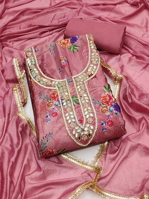 Pink Floral Printed With Mirror Hand Work On Neck Chinon Silk Dress Material - Image 1