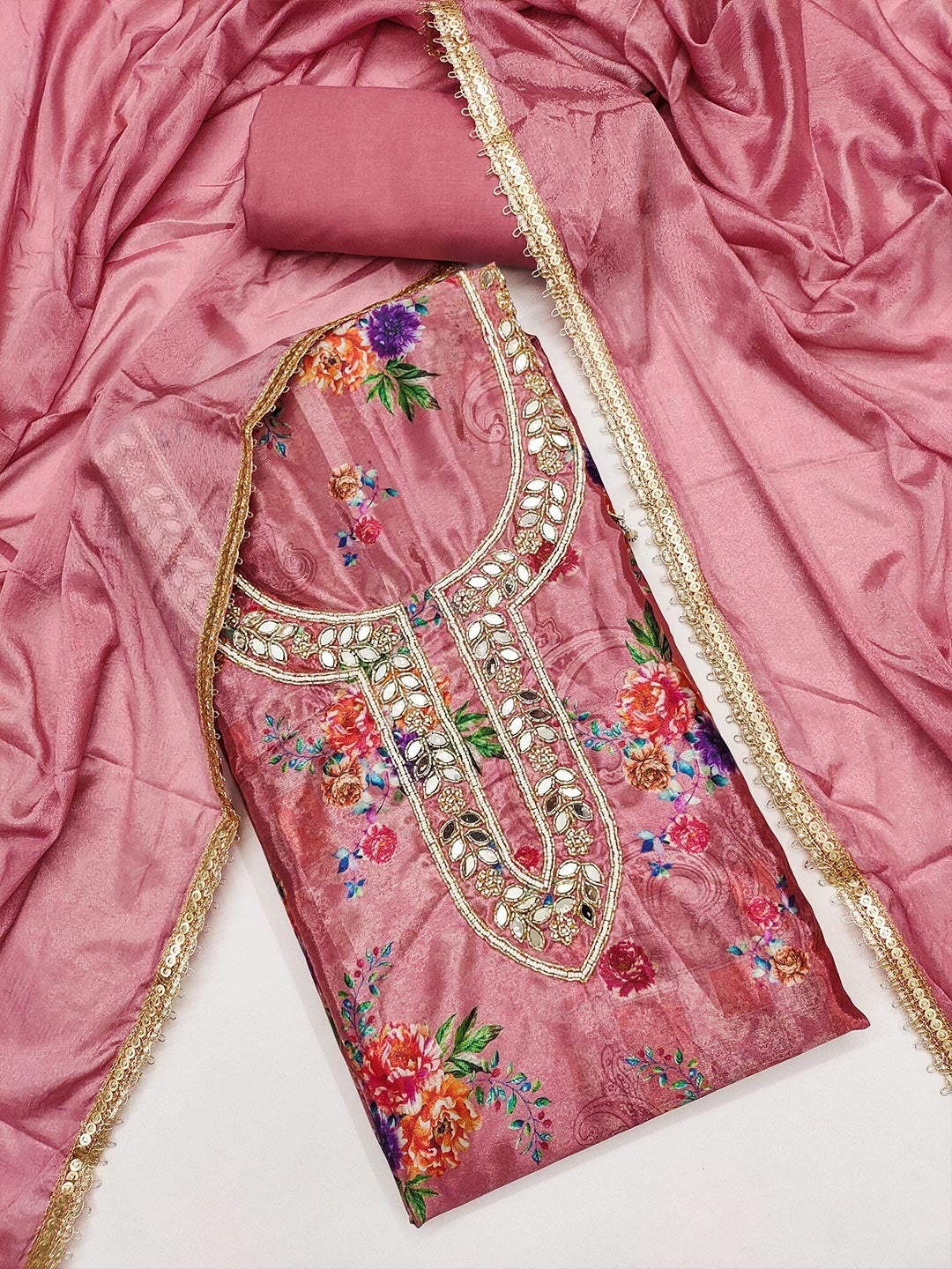Pink Floral Printed With Mirror Hand Work On Neck Chinon Silk Dress Material - Image 3