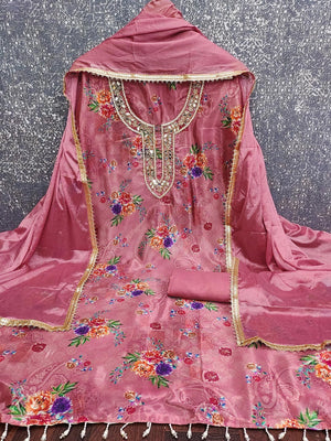 Pink Floral Printed With Mirror Hand Work On Neck Chinon Silk Dress Material - Image 2