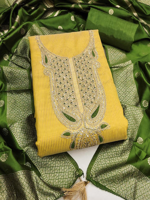 Sophisticated Yellow Striped Weaving Shimmer Dress Material Highlighted By Cording Embroidery - Image 1