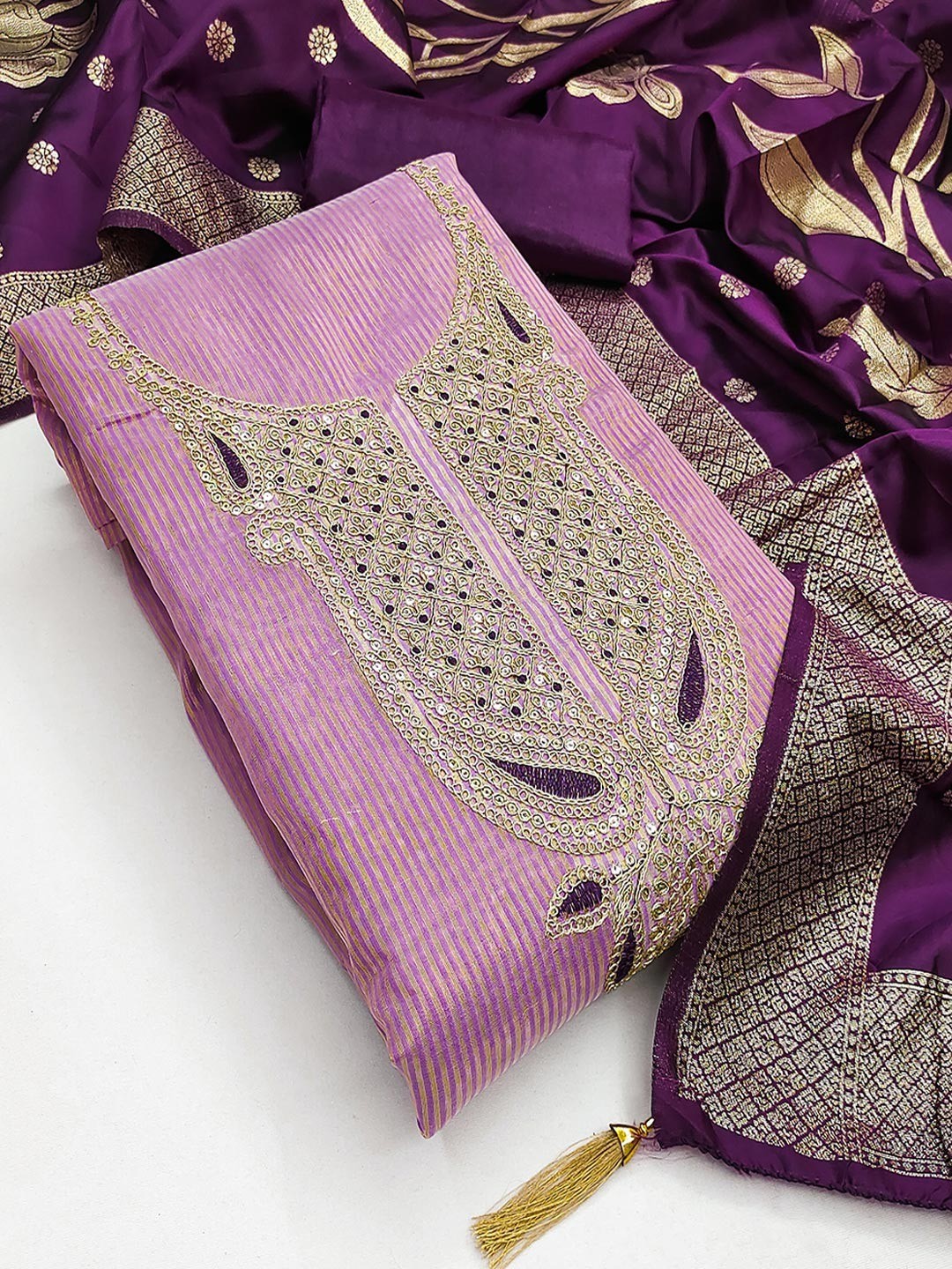 Sophisticated Purple Striped Weaving Shimmer Dress Material Highlighted By Cording Embroidery - Image 4